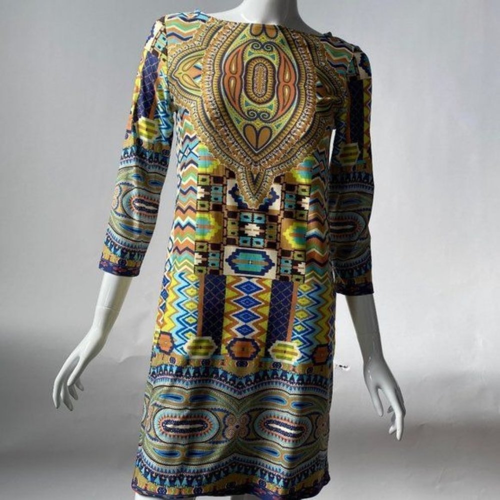 ISLE by Melis Kagan Fitted Stretch Dress  XS Green, Blue  Aztec 95% Polyester 5%